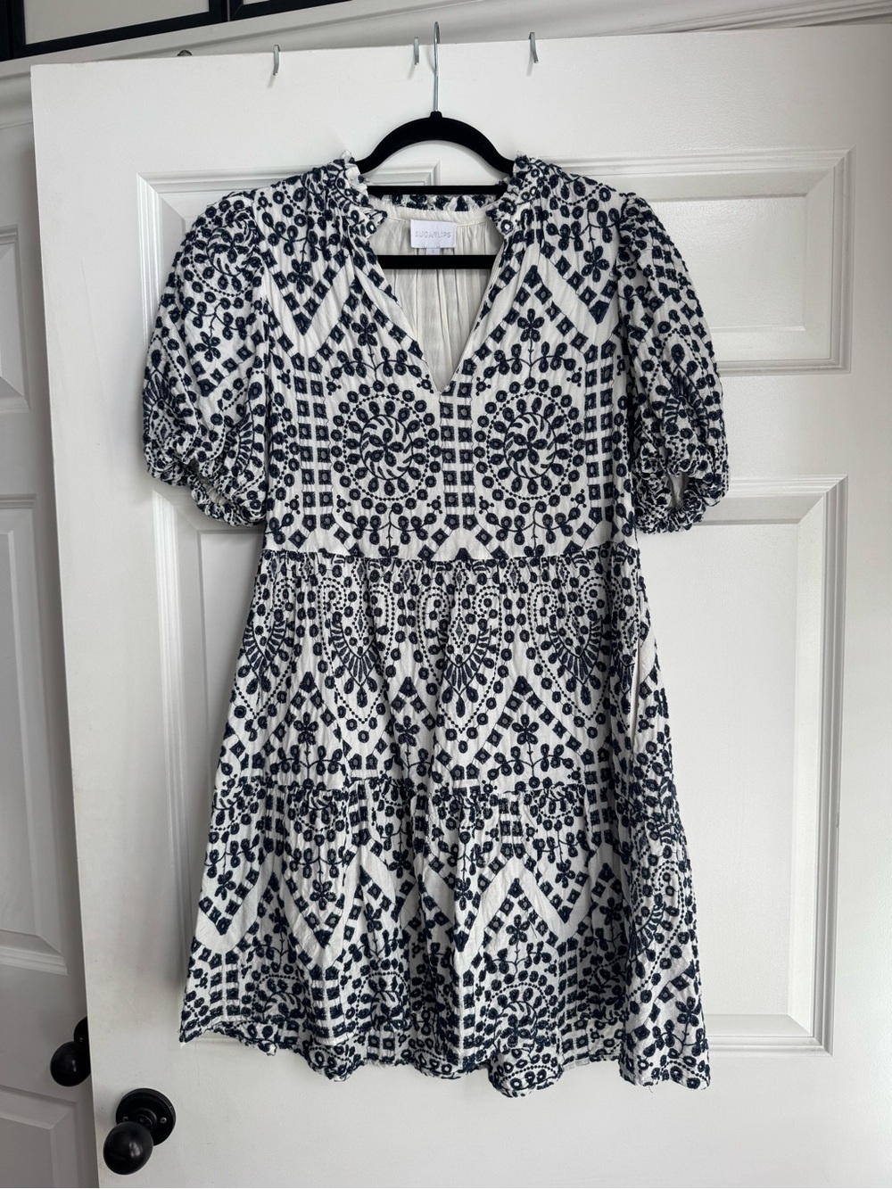 Embroidered Navy and White Tiered Mini Dress